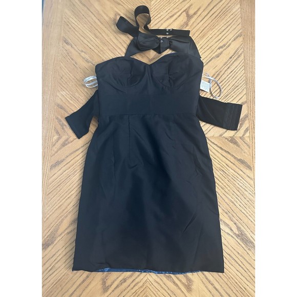 Blue Satin Cocktail Dress Bow Belt Gathered Bustier Strapless Bra Insert Size 8 - Picture 11 of 11